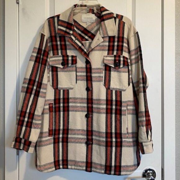 LUCKY BRAND Red Ivory Plaid Oversized Shirt Jacket Shacket Small - Picture 3 of 12